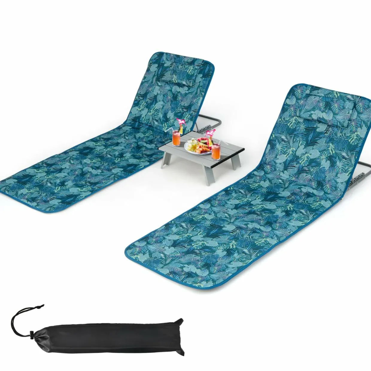 Tangkula 3 Pieces Beach Chairs for Adults, Backpack 2 Pack Beach Chairs Set with Folding Side Table