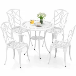 Tangkula 5 Pieces Cast Aluminum Outdoor Dining Set, Round Dining Table with 2.5” Umbrella Hole & 4 Armchairs