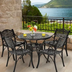 Tangkula 5 Pieces Cast Aluminum Patio Dining Set, Outdoor Bistro Table Set with Umbrella Hole