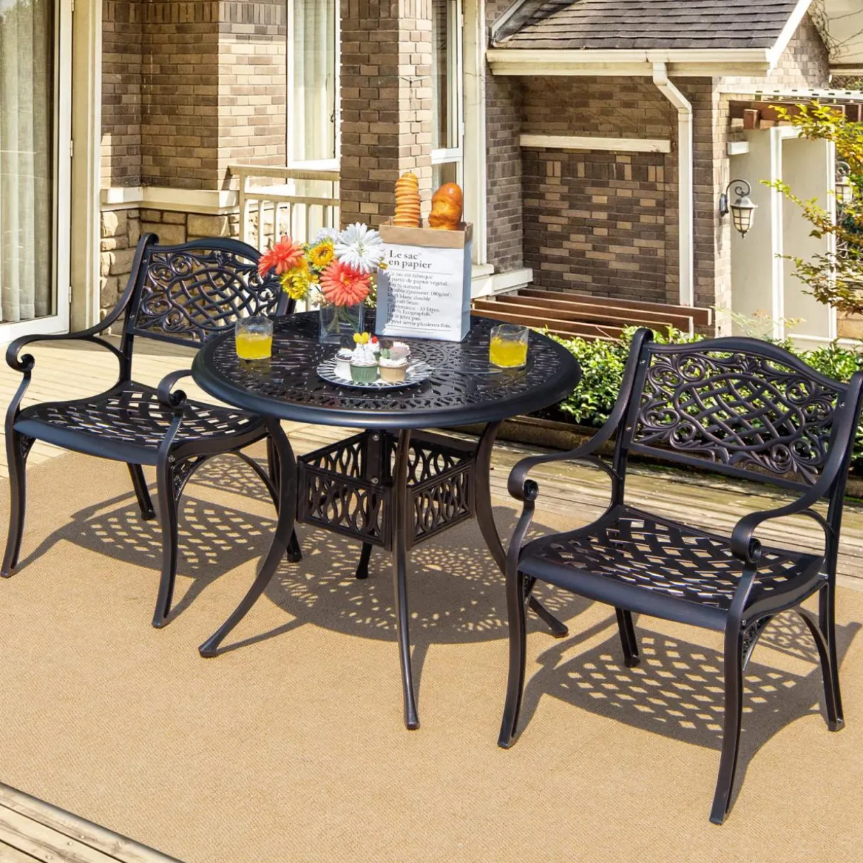 Tangkula 3 Pieces Cast Aluminum Patio Bistro Set, Outdoor Patio Table and Chairs Furniture for Porch and Balcony