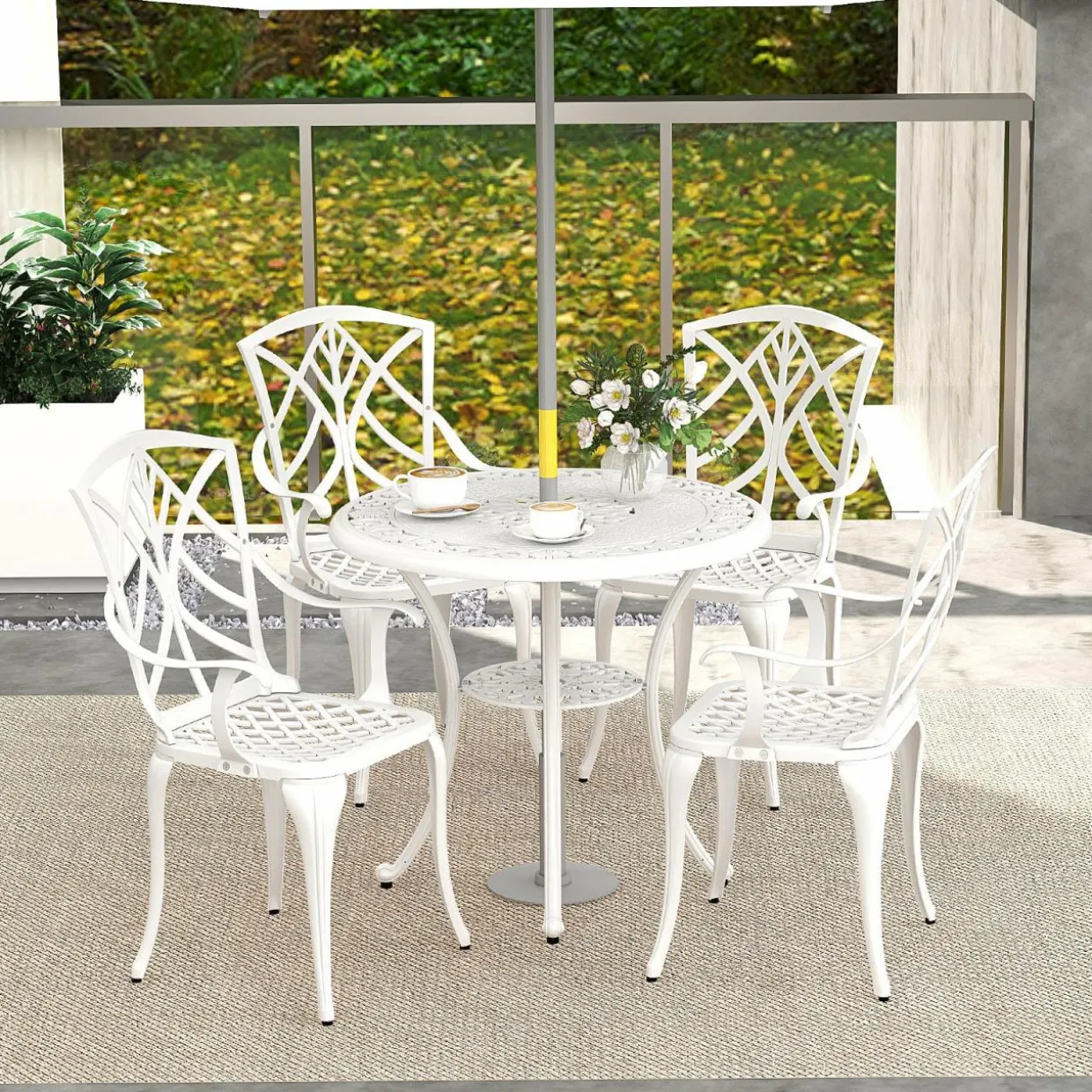 Tangkula 5 Pieces Cast Aluminum Outdoor Dining Set, Round Dining Table with 2.5” Umbrella Hole & 4 Armchairs