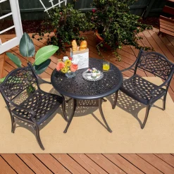 Tangkula 3 Pieces Cast Aluminum Patio Bistro Set, Outdoor Patio Table and Chairs Furniture for Porch and Balcony
