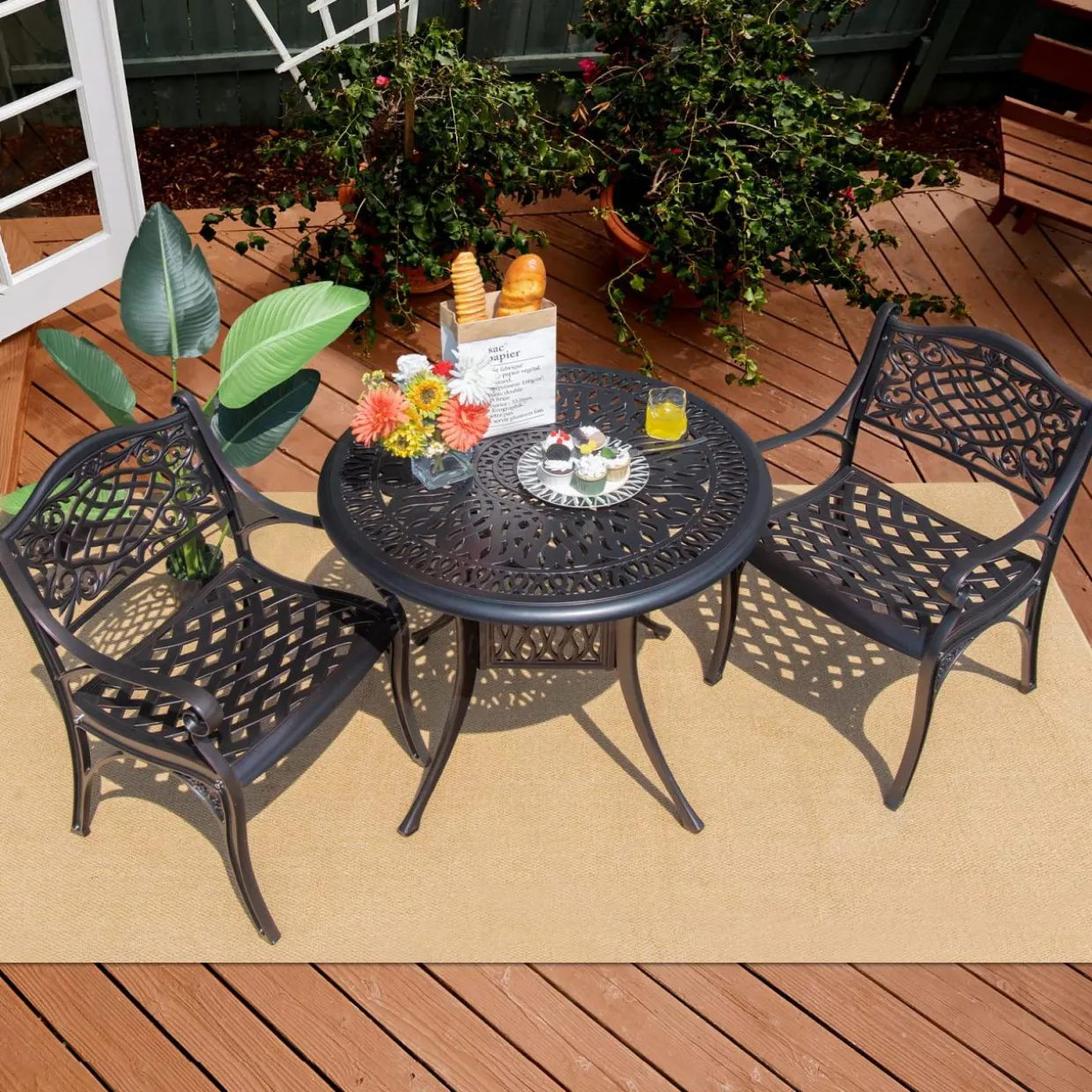 Tangkula 3 Pieces Cast Aluminum Patio Bistro Set, Outdoor Patio Table and Chairs Furniture for Porch and Balcony