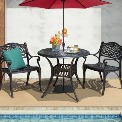 Tangkula 3 Pieces Cast Aluminum Patio Bistro Set, Outdoor Patio Table and Chairs Furniture for Porch and Balcony