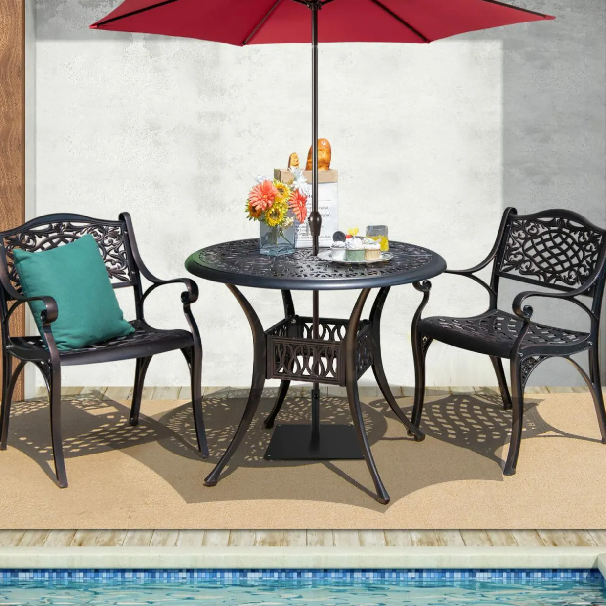 Tangkula 3 Pieces Cast Aluminum Patio Bistro Set, Outdoor Patio Table and Chairs Furniture for Porch and Balcony