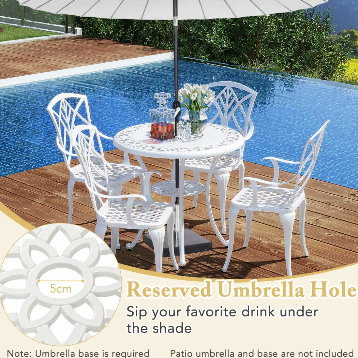 Tangkula 5 Pieces Cast Aluminum Outdoor Dining Set, Round Dining Table with 2.5” Umbrella Hole & 4 Armchairs