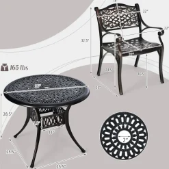 Tangkula 3 Pieces Cast Aluminum Patio Bistro Set, Outdoor Patio Table and Chairs Furniture for Porch and Balcony