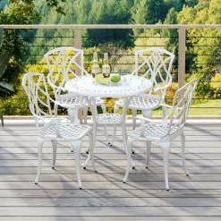 Tangkula 5 Pieces Cast Aluminum Outdoor Dining Set, Round Dining Table with 2.5” Umbrella Hole & 4 Armchairs