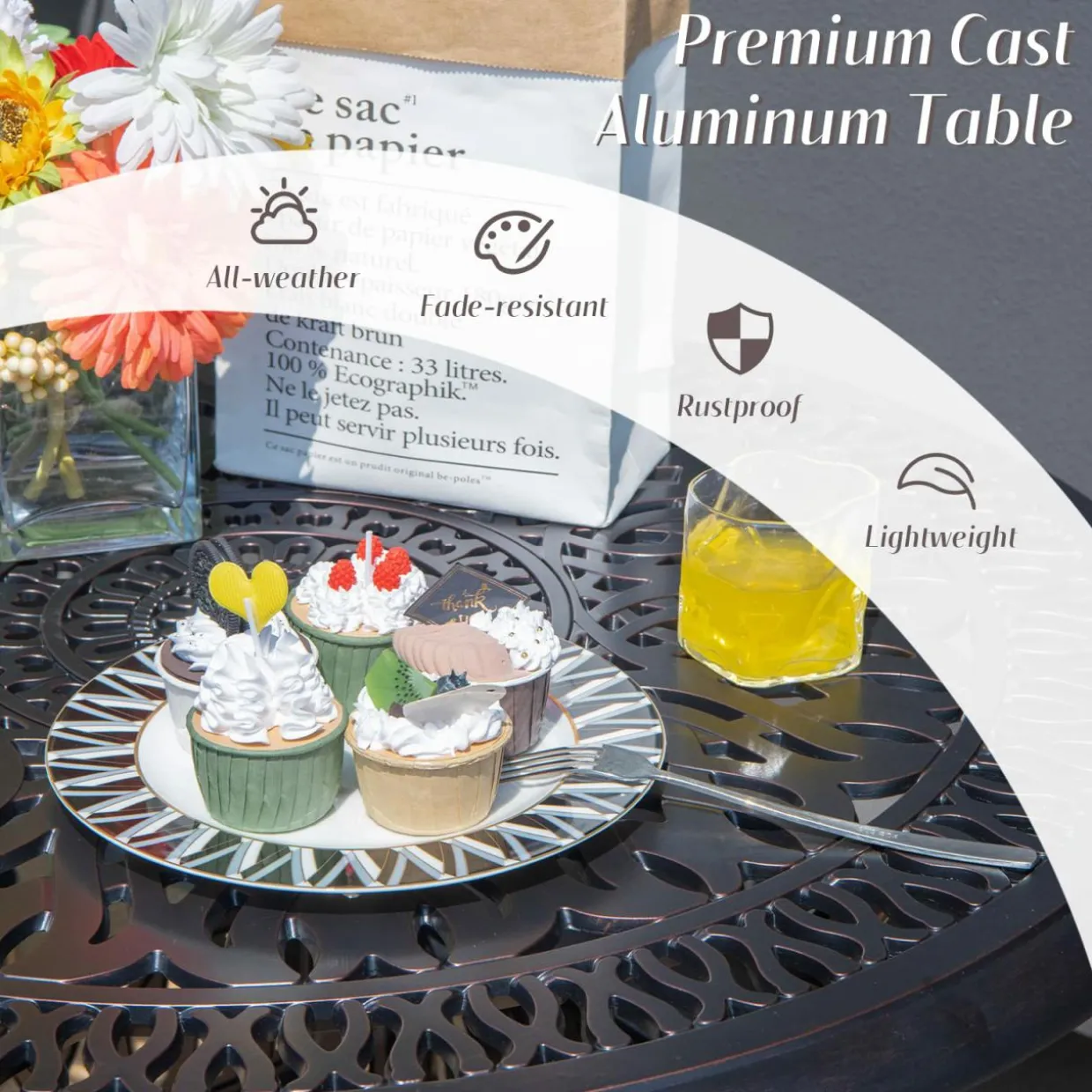 Tangkula 3 Pieces Cast Aluminum Patio Bistro Set, Outdoor Patio Table and Chairs Furniture for Porch and Balcony