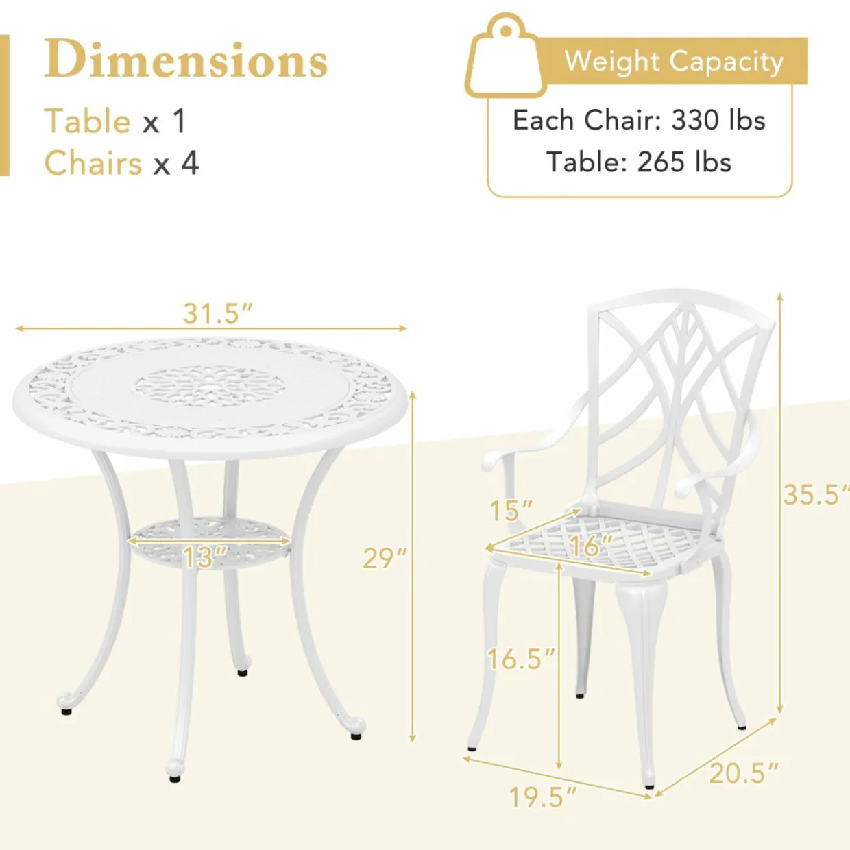 Tangkula 5 Pieces Cast Aluminum Outdoor Dining Set, Round Dining Table with 2.5” Umbrella Hole & 4 Armchairs