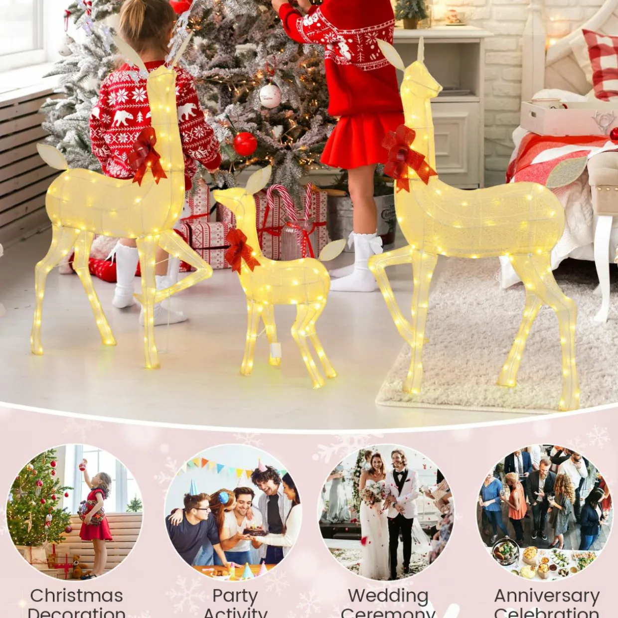 Tangkula 3 Pieces Christmas Lighted Reindeer Family Set