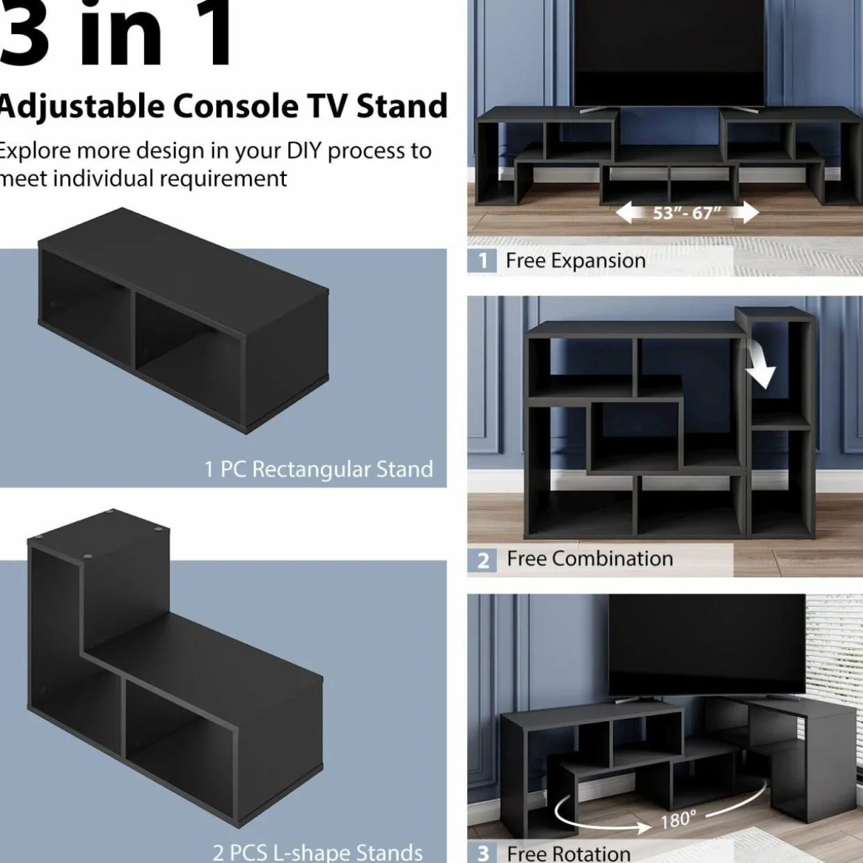 Tangkula 3 Pieces Console TV Stand, Free-Combination Entertainment Center for 50 55 60 65 Inch TV