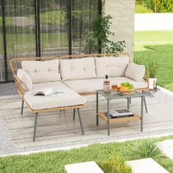 Tangkula 3 Pieces Corner Patio Furniture Set, PE Rattan L-Shaped Cushioned Sofa Set with Small Coffee Table