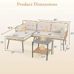 Tangkula 3 Pieces Corner Patio Furniture Set, PE Rattan L-Shaped Cushioned Sofa Set with Small Coffee Table