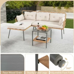 Tangkula 3 Pieces Corner Patio Furniture Set, PE Rattan L-Shaped Cushioned Sofa Set with Small Coffee Table