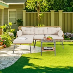 Tangkula 3 Pieces Corner Patio Furniture Set, PE Rattan L-Shaped Cushioned Sofa Set with Small Coffee Table