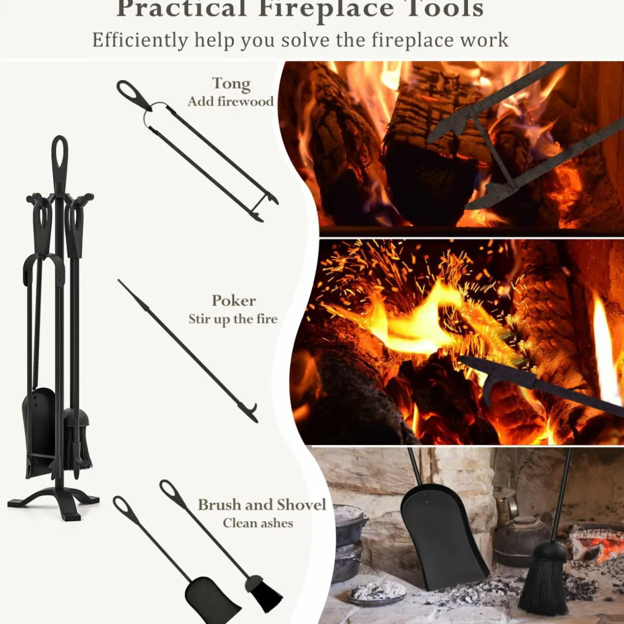 Tangkula 5 Pieces Fireplace Tool Set, Fireplace Accessories with Poker