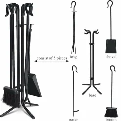 Tangkula 5 Pieces Fireplace Tools Wrought Iron Toolset 4 Tools & Decor Holder Indoor Outdoor Tong
