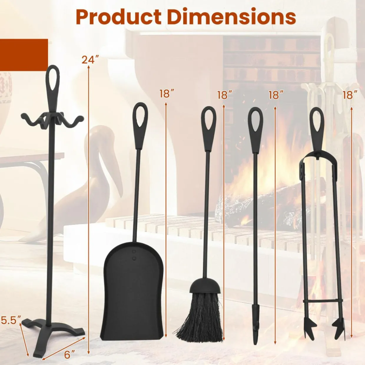 Tangkula 5 Pieces Fireplace Tool Set, Fireplace Accessories with Poker