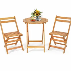 Tangkula 3 Pieces Folding Patio Bistro Set, Solid Acacia Wood Table and Chairs