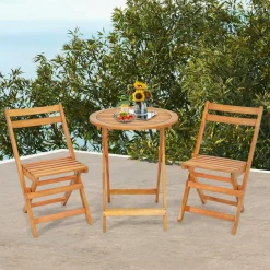 Tangkula 3 Pieces Folding Patio Bistro Set, Solid Acacia Wood Table and Chairs