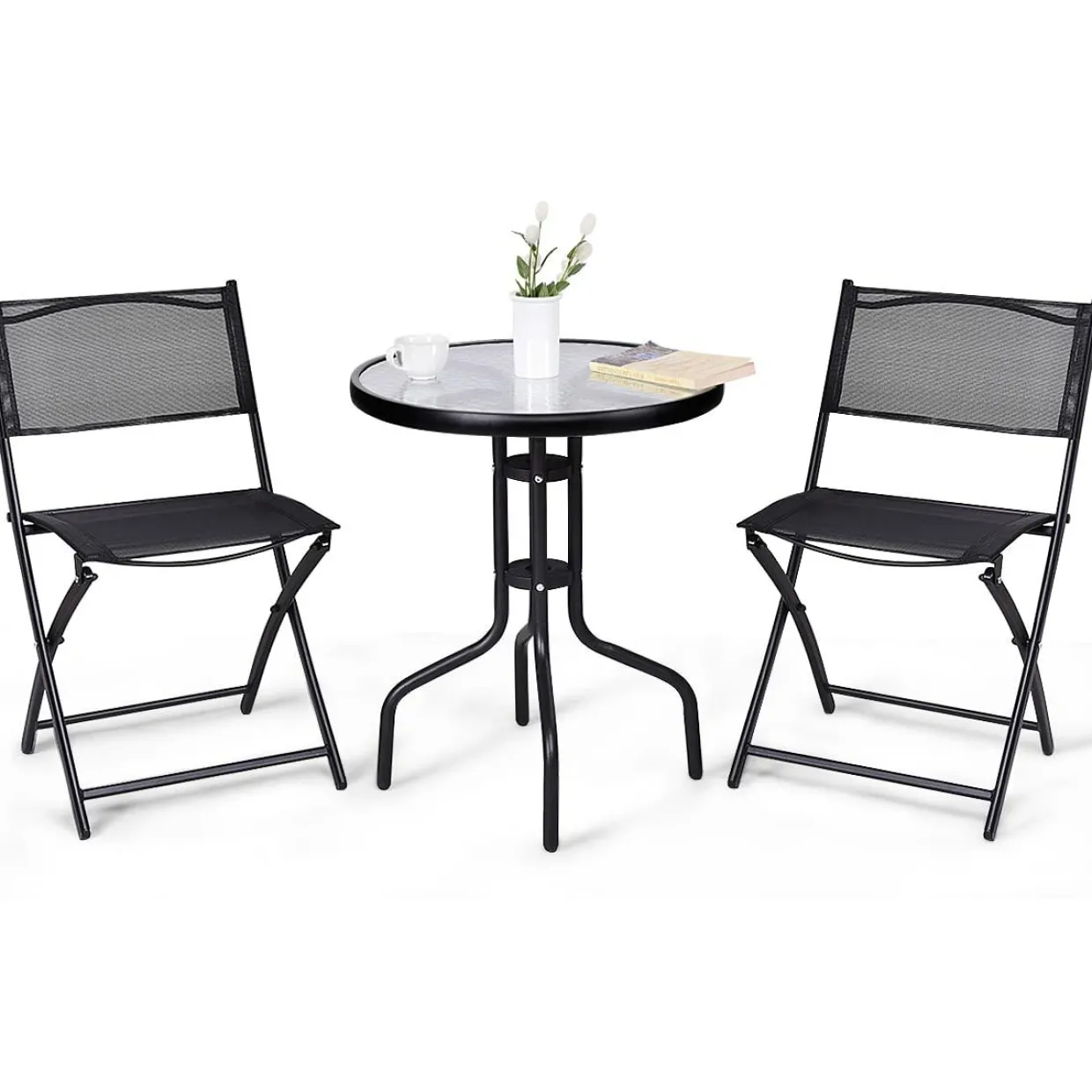 Tangkula 3 Pieces Folding Patio Bistro Set, Outdoor Folding Chairs & Table Set