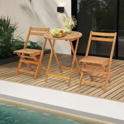 Tangkula 3 Pieces Folding Patio Bistro Set, Solid Acacia Wood Table and Chairs