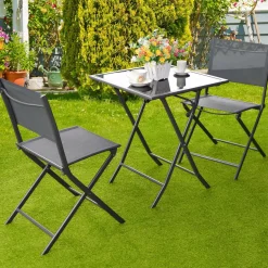 Tangkula 3 Pieces Folding Patio Bistro Set, Outdoor Furniture Set for Garden Porch Backyard Poolside