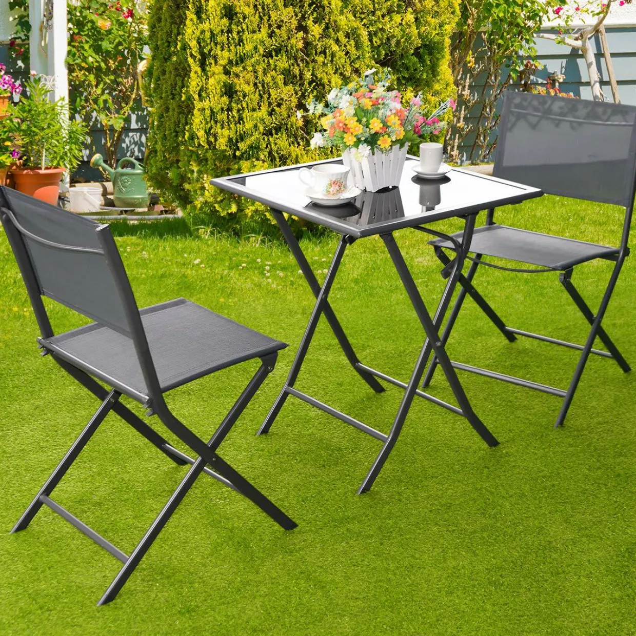 Tangkula 3 Pieces Folding Patio Bistro Set, Outdoor Furniture Set for Garden Porch Backyard Poolside