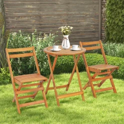 Tangkula 3 Pieces Folding Patio Bistro Set, Solid Acacia Wood Table and Chairs