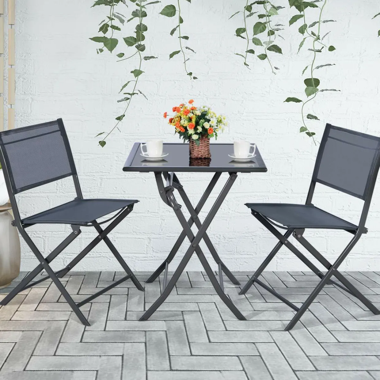Tangkula 3 Pieces Folding Patio Bistro Set, Outdoor Furniture Set for Garden Porch Backyard Poolside