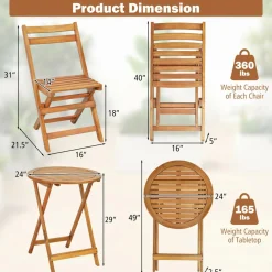 Tangkula 3 Pieces Folding Patio Bistro Set, Solid Acacia Wood Table and Chairs