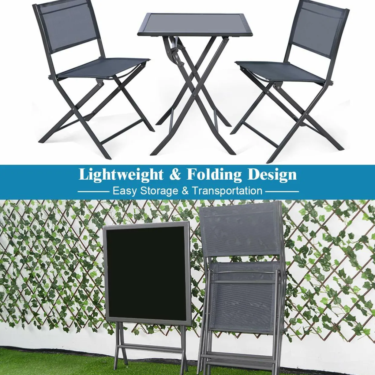 Tangkula 3 Pieces Folding Patio Bistro Set, Outdoor Furniture Set for Garden Porch Backyard Poolside