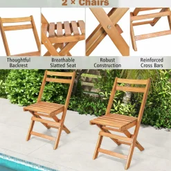 Tangkula 3 Pieces Folding Patio Bistro Set, Solid Acacia Wood Table and Chairs