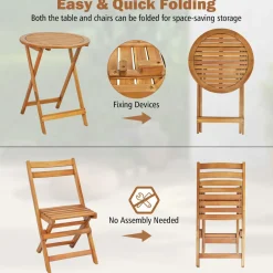 Tangkula 3 Pieces Folding Patio Bistro Set, Solid Acacia Wood Table and Chairs
