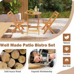 Tangkula 3 Pieces Folding Patio Bistro Set, Solid Acacia Wood Table and Chairs