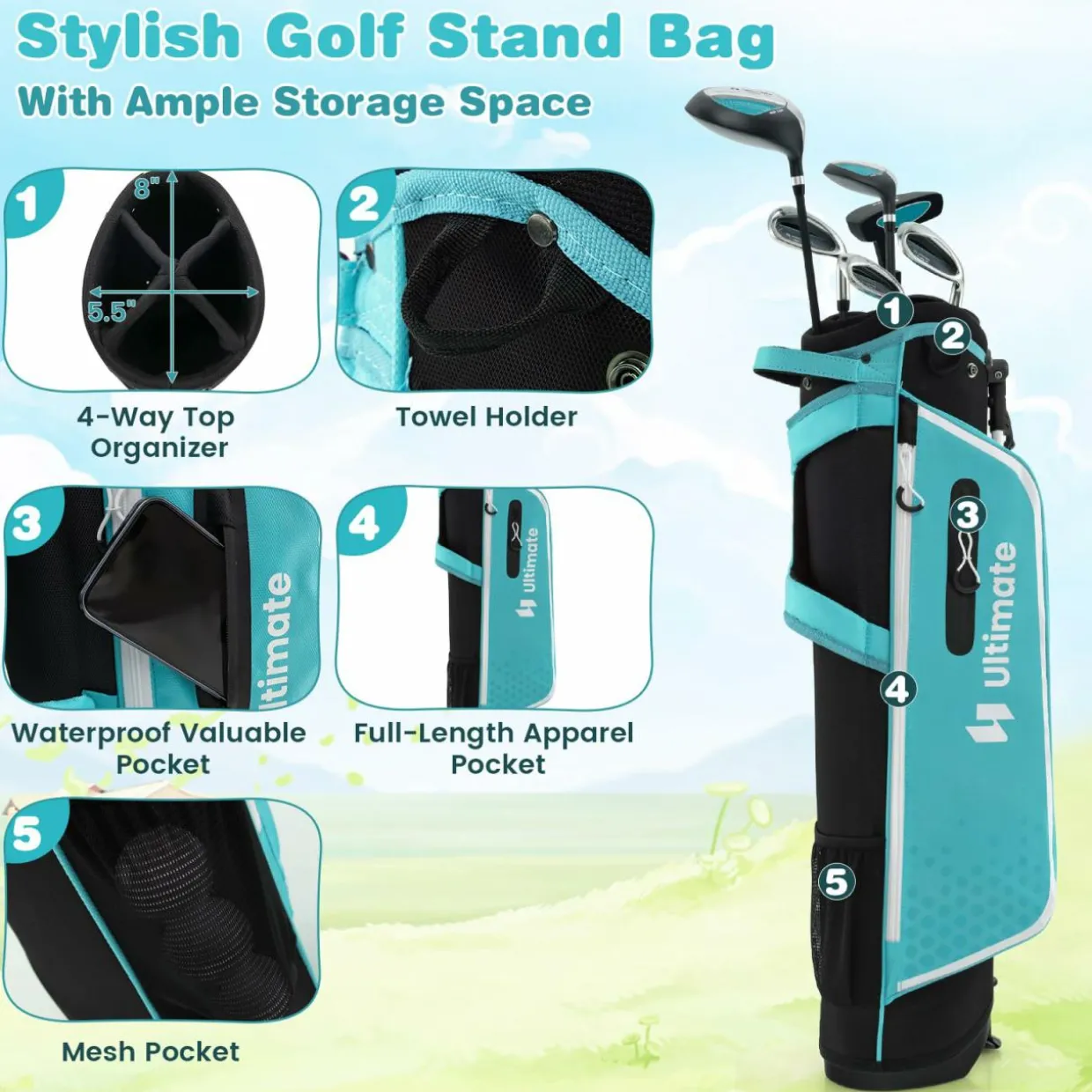 Tangkula 7 Pieces Junior Golf Club Set for Kids Age 11-13 Right Hand, Children