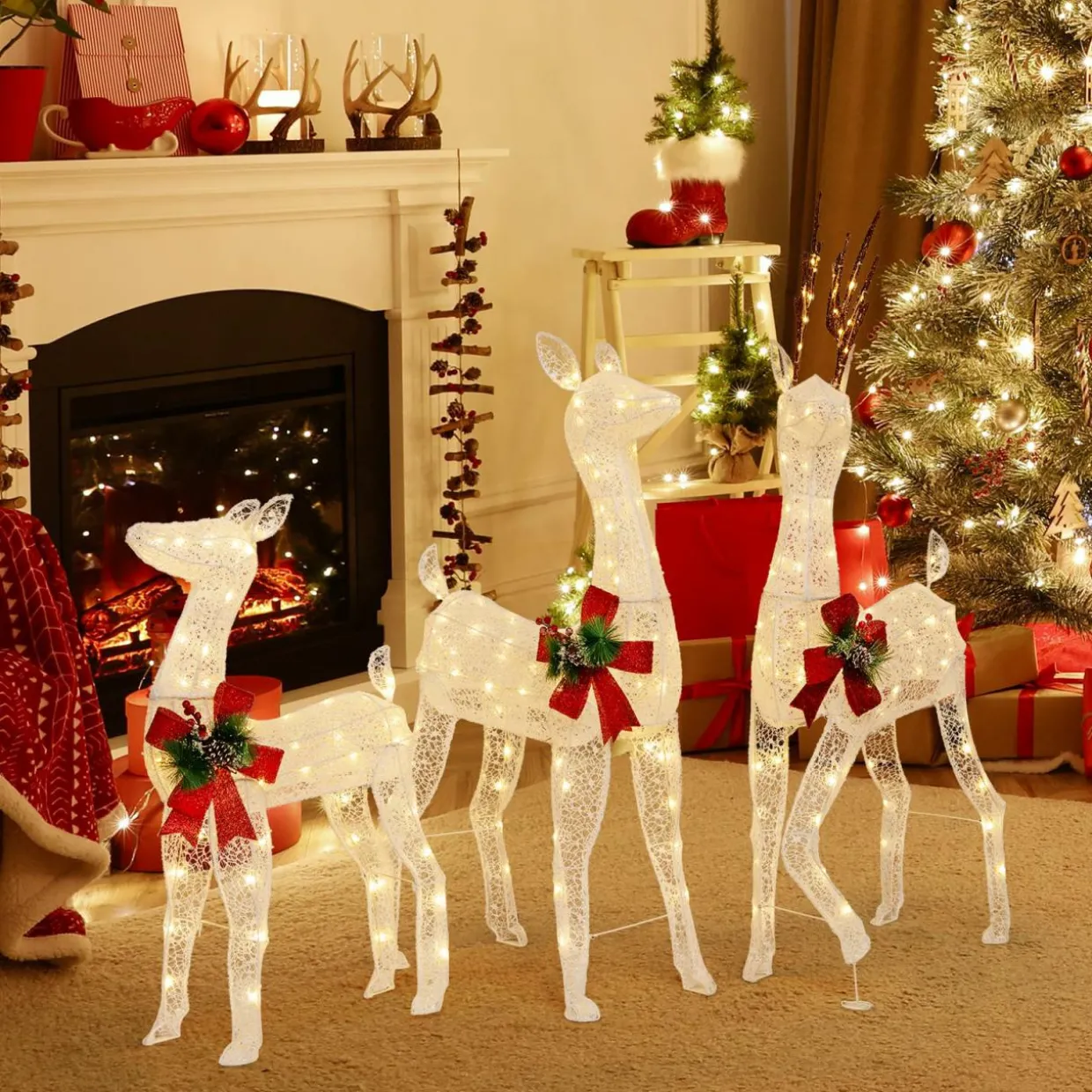 Tangkula 3 Pieces Lighted Christmas Reindeer Family, Xmas Lighted Deer Decoration with 230 Warm White LED Lights