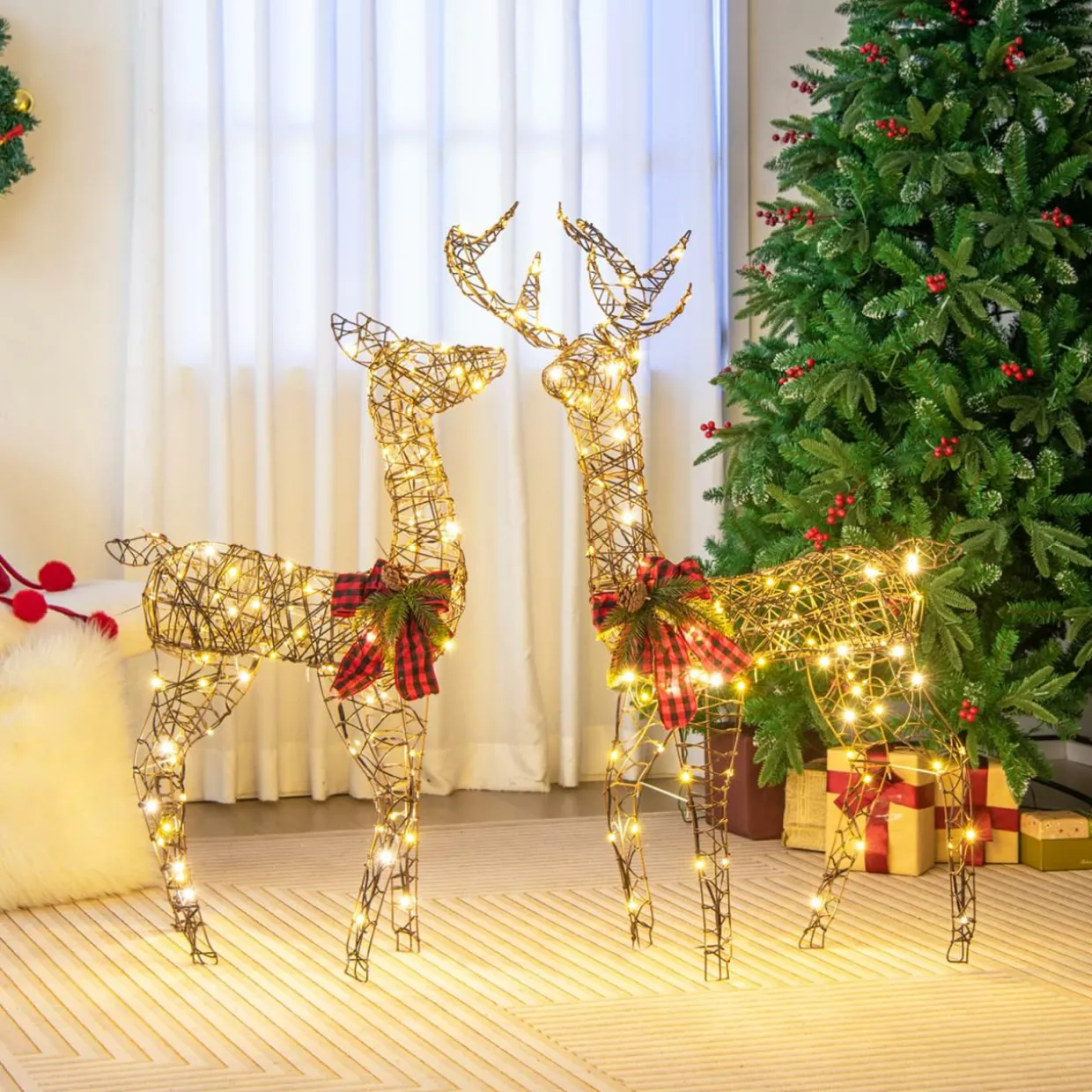 Tangkula 2 Pieces Lighted Christmas Reindeer Family Set with 230 LED Lights