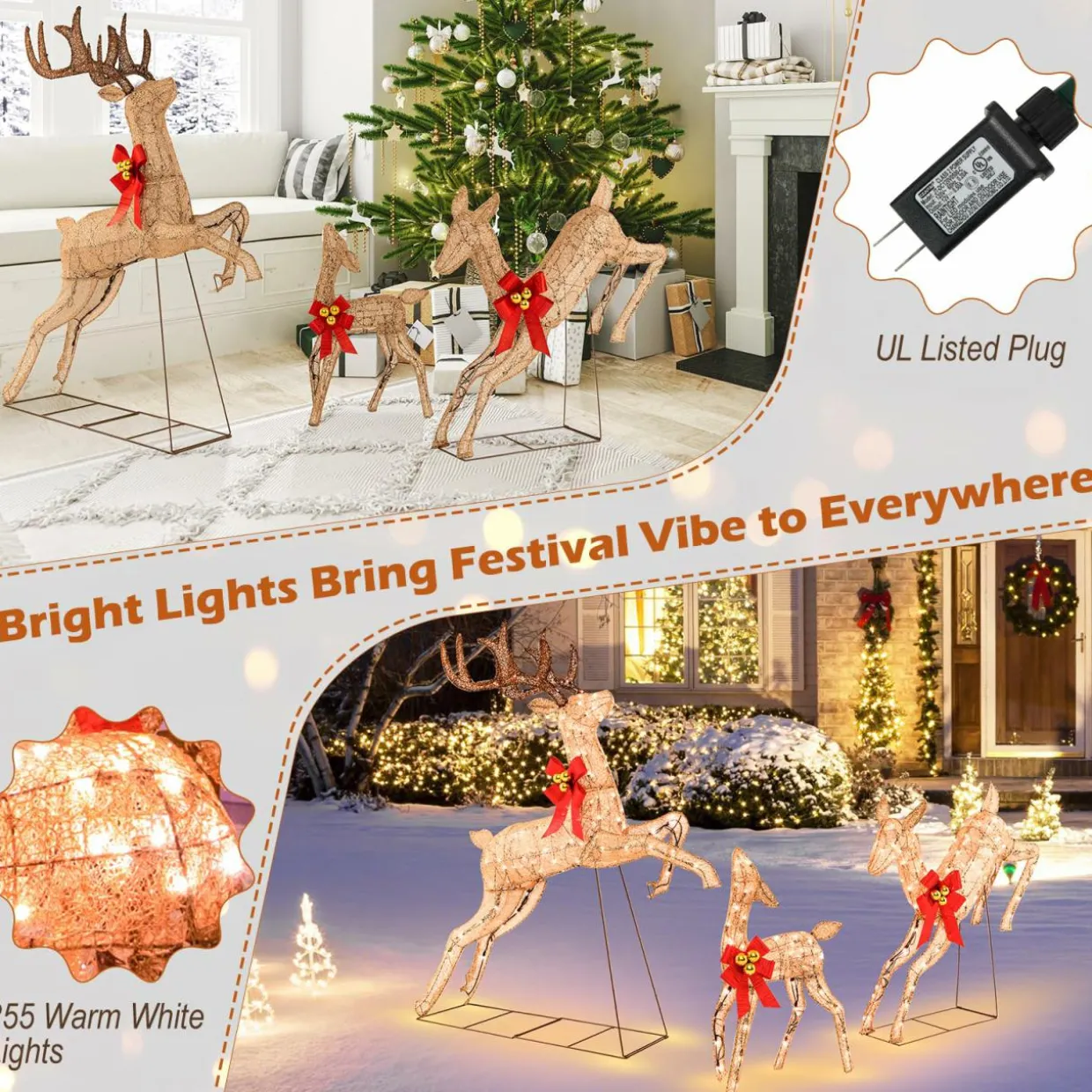 Tangkula 3 Pieces Lighted Christmas Reindeer, Holiday Reindeer Family Set with 255 Warm White Lights
