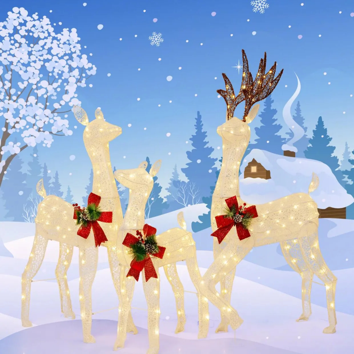 Tangkula 3 Pieces Lighted Christmas Reindeer Family, Xmas Lighted Deer Decoration with 230 Warm White LED Lights