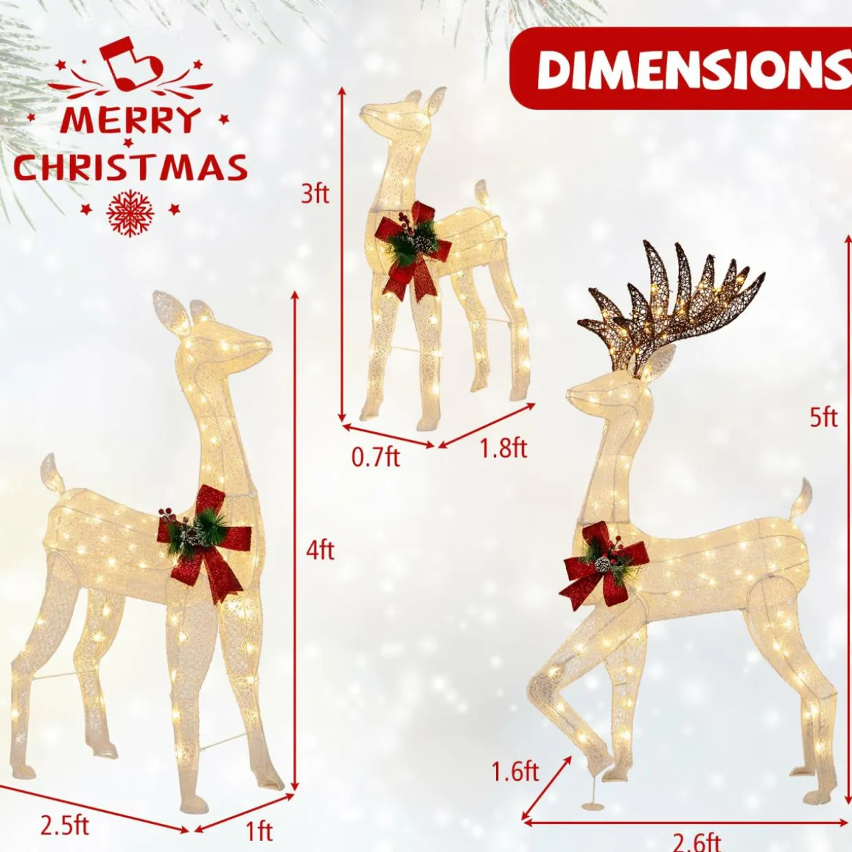 Tangkula 3 Pieces Lighted Christmas Reindeer Family, Xmas Lighted Deer Decoration with 230 Warm White LED Lights