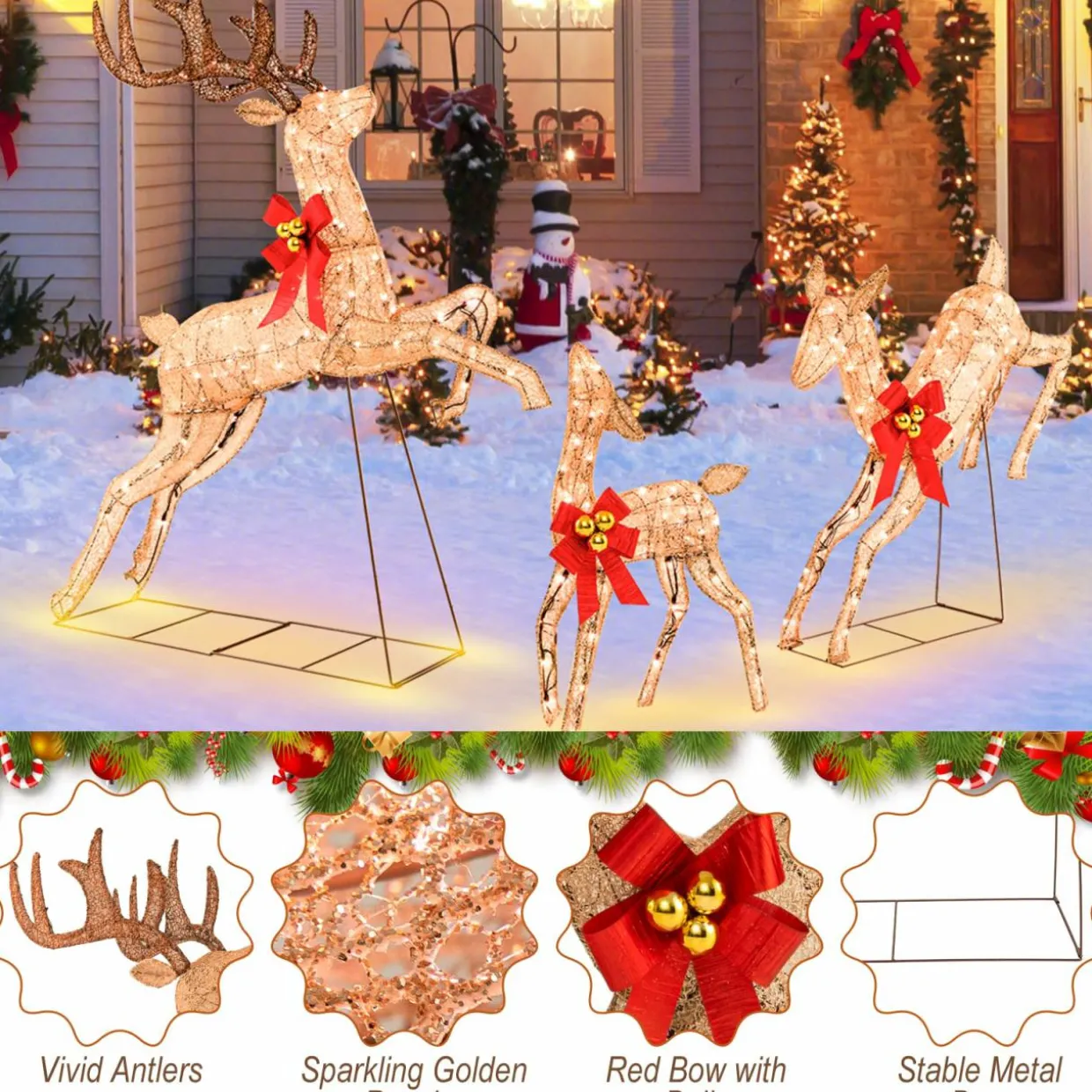 Tangkula 3 Pieces Lighted Christmas Reindeer, Holiday Reindeer Family Set with 255 Warm White Lights
