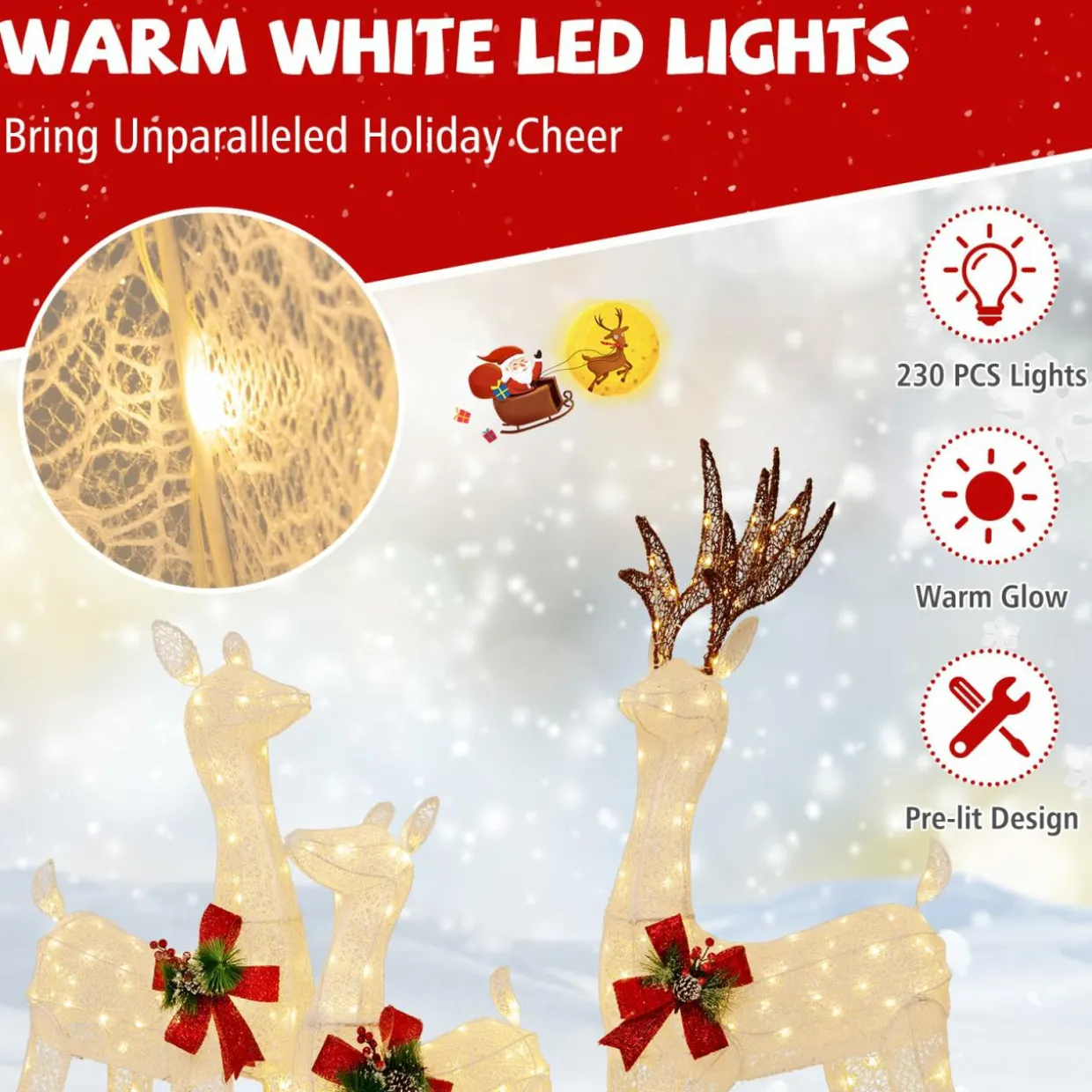 Tangkula 3 Pieces Lighted Christmas Reindeer Family, Xmas Lighted Deer Decoration with 230 Warm White LED Lights