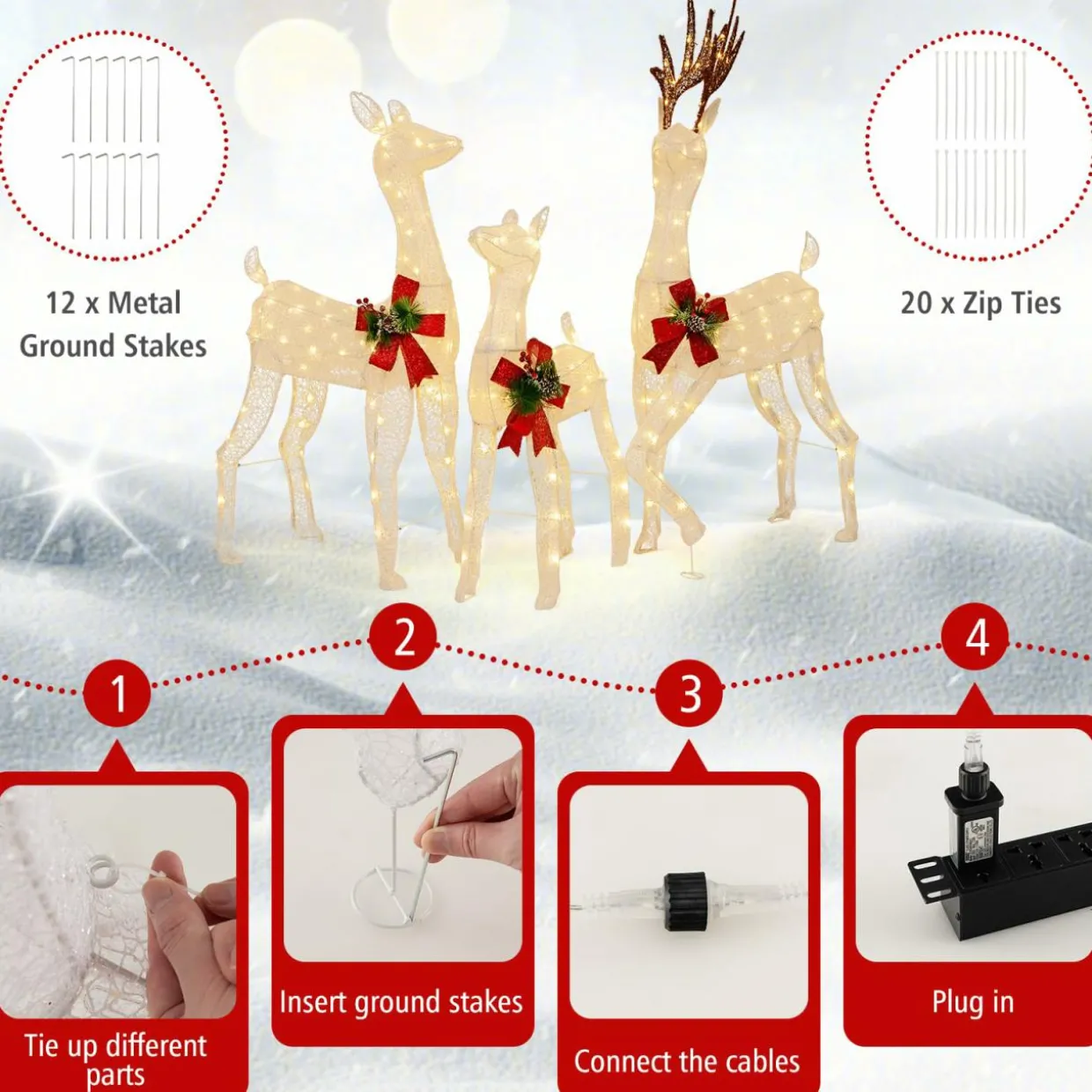 Tangkula 3 Pieces Lighted Christmas Reindeer Family, Xmas Lighted Deer Decoration with 230 Warm White LED Lights