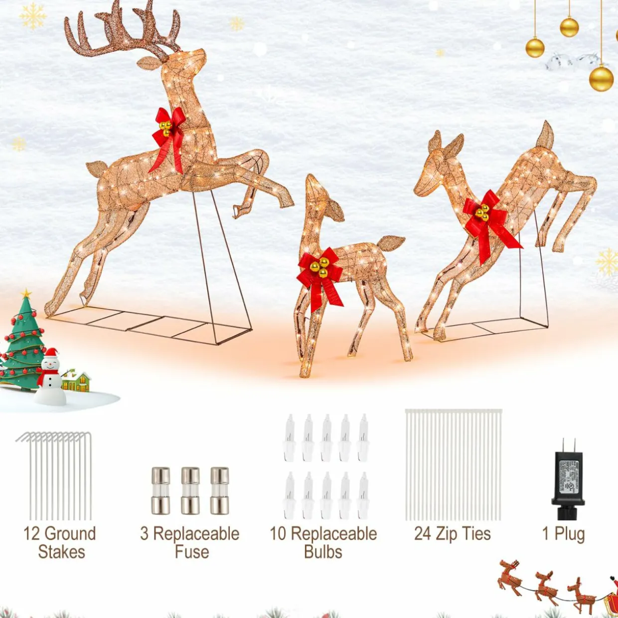Tangkula 3 Pieces Lighted Christmas Reindeer, Holiday Reindeer Family Set with 255 Warm White Lights