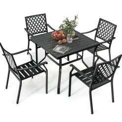 Tangkula 5 Pieces Metal Patio Dining Set, 37" Square Dining Table with 4 Stackable Chairs