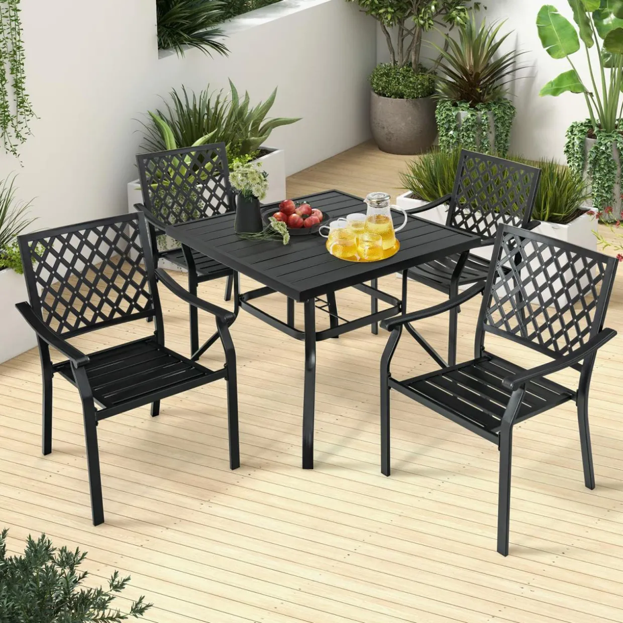 Tangkula 5 Pieces Metal Patio Dining Set, 37" Square Dining Table with 4 Stackable Chairs