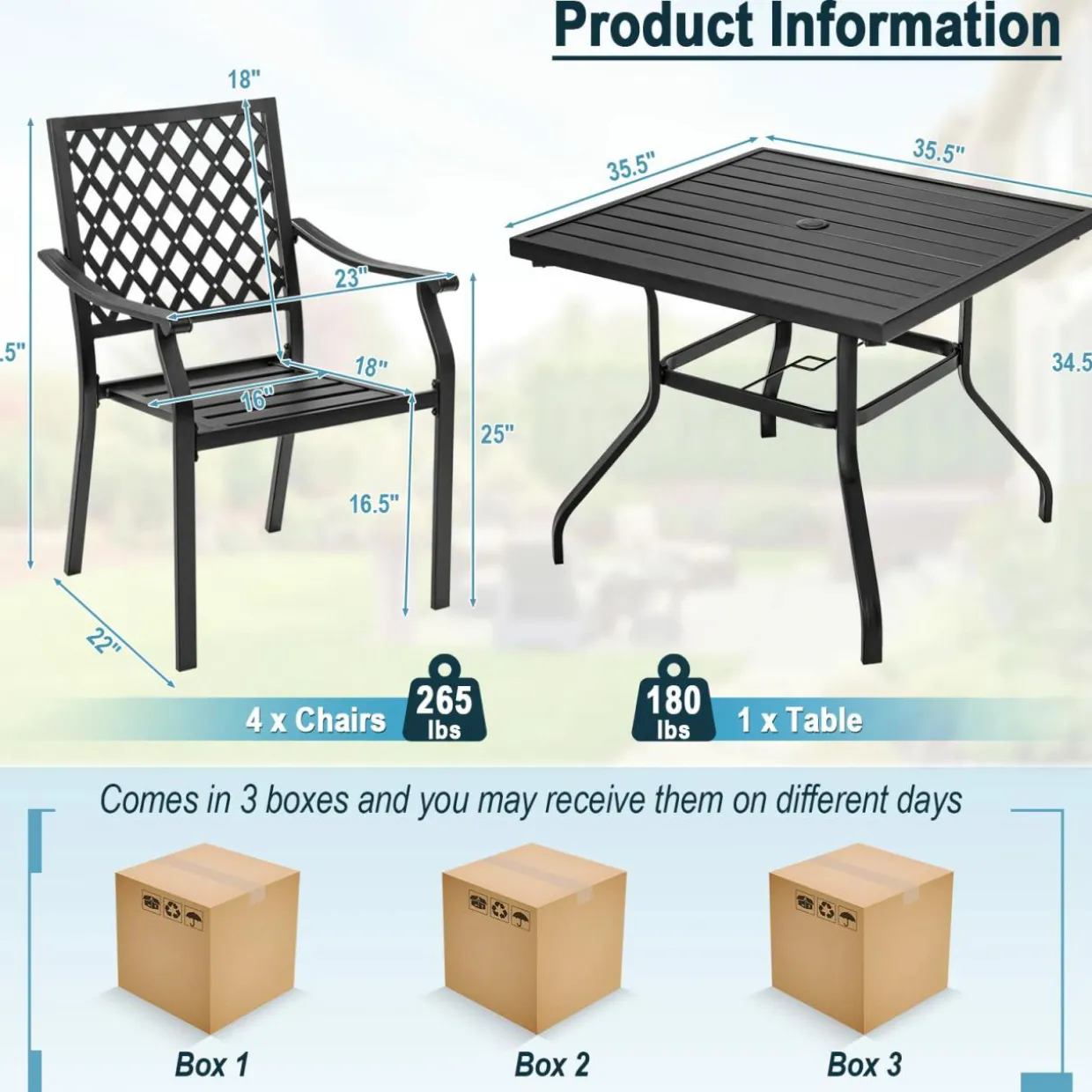 Tangkula 5 Pieces Metal Patio Dining Set, 37" Square Dining Table with 4 Stackable Chairs