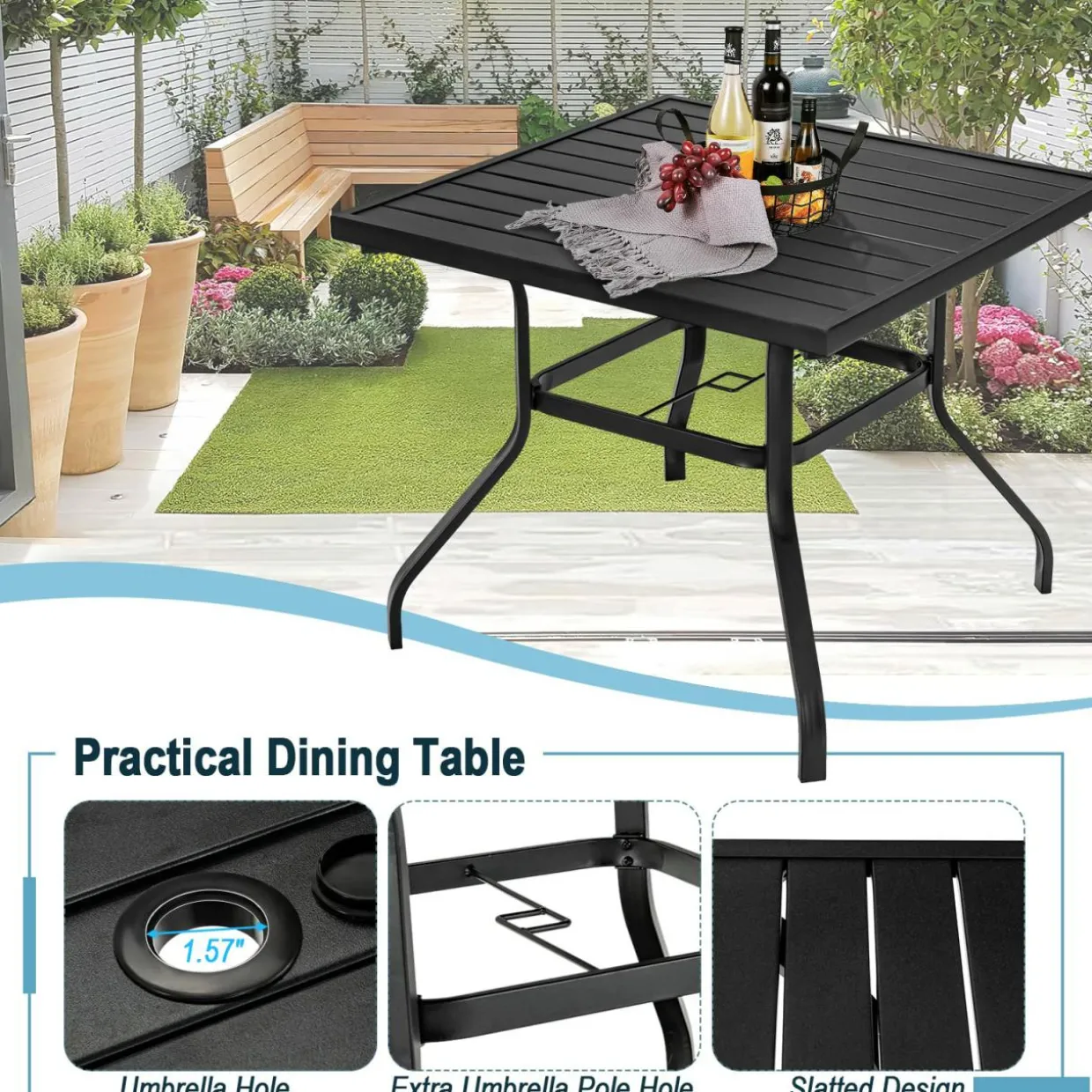 Tangkula 5 Pieces Metal Patio Dining Set, 37" Square Dining Table with 4 Stackable Chairs